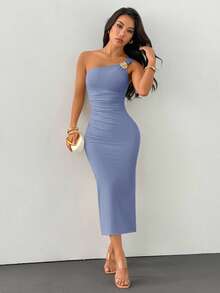 SHEIN PETITE Trang trí trâm cài màu vàng đồng, cổ áo bất đối xứng, chân váy đuôi cá xếp ly. - Màu xanh bụi bặm - Xem 6