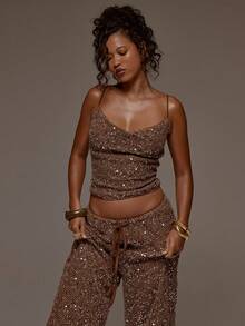 MUSERA Sequin Textured Brown Cowl Cami Top Spring Summer Holiday Vacation Beach Ibiza Festival Party Elegant Divinity - Camel - View 5