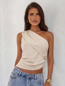 Aloruh Women's White Shirt, Fashionable Shirt Top, Elegant Solid Color Summer Asymmetrical Shoulder Pleated Shirt, White, Versatile Style, Suitable For Office, Back To School, Vacation, Bohemian Style And Other Occasions. Asymmetrical Top Draped Top One Shoulder Top One Shoulder Blouse - Beige - View 8