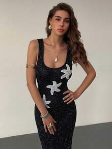 Aloruh Spring & Summer Vacation Sequin Starfish Mesh Tight Fitted Dress With Square Neckline - Black - View 5