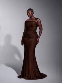 Elitara Elegantes romantisches Kleid in Große Größen mit asymmetrischem Ausschnitt, Schulterausschnitt, geraffter Taille und Meerjungfrauensaum, geeignet für Hochzeit, Party, Feier, Brautjungfer - Kaffeebraun - Übersicht 6