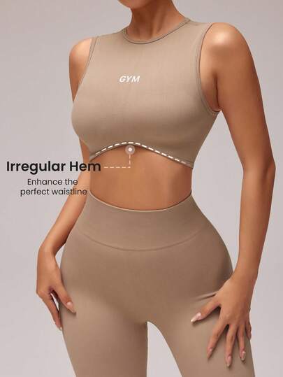 Easithlete 2 adet/takım Kadın Mektup Baskılı Yuvarlak Yaka Kırpılmış Tank Top Ve Yüksek Belli Tayt, Günlük Fitness Spor Kıyafeti Egzersiz Kadın Seti Kadın Tayt Seti