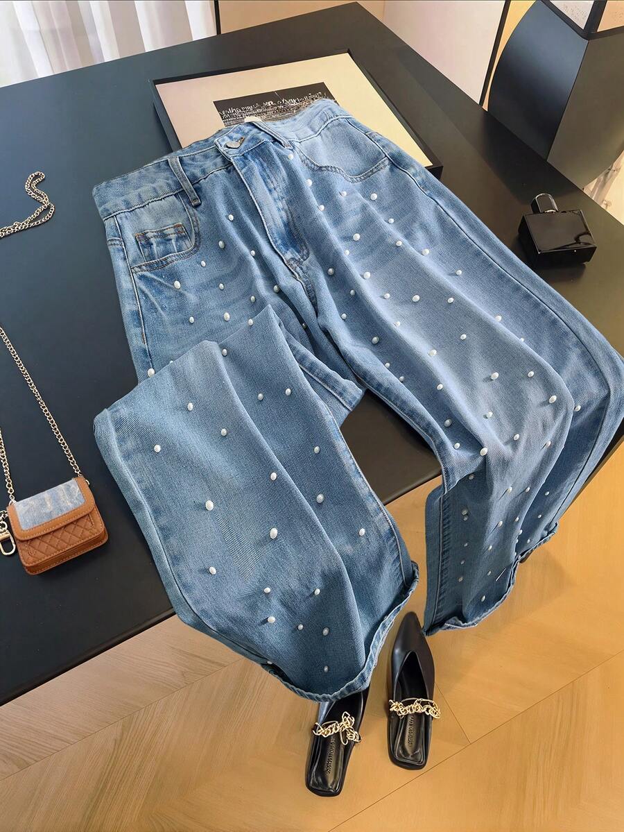 GlowEve Nuevos jeans de mujer de mezclilla holgados y casuales con detalles de strass y perlas falsas - Azul lavado medio - Ver 1