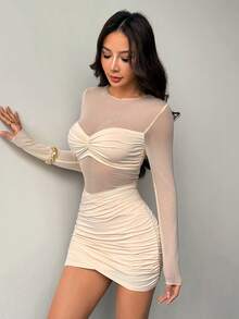 SHEIN PETITE Đầm ngắn tay dài cổ tròn ren xuyên thấu gợi cảm dành cho nữ, đầm mùa hè cho nữ. - Màu be - Xem 3