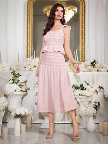 Modelyn Bộ đồ 2 mảnh thanh lịch dành cho nữ, gồm áo tay ngắn và chân váy màu trơn, thiết kế cài nút, viền bèo nhún. - Hồng - Xem 4