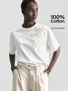 Ontre 2026 Spring/Summer New White Lightweight Casual T-Shirt For Women, Elegant Vacation Style, Loose & Comfortable Versatile, Embroidered Short Sleeve Crew Neck, Minimalist Fashion - White - View 1