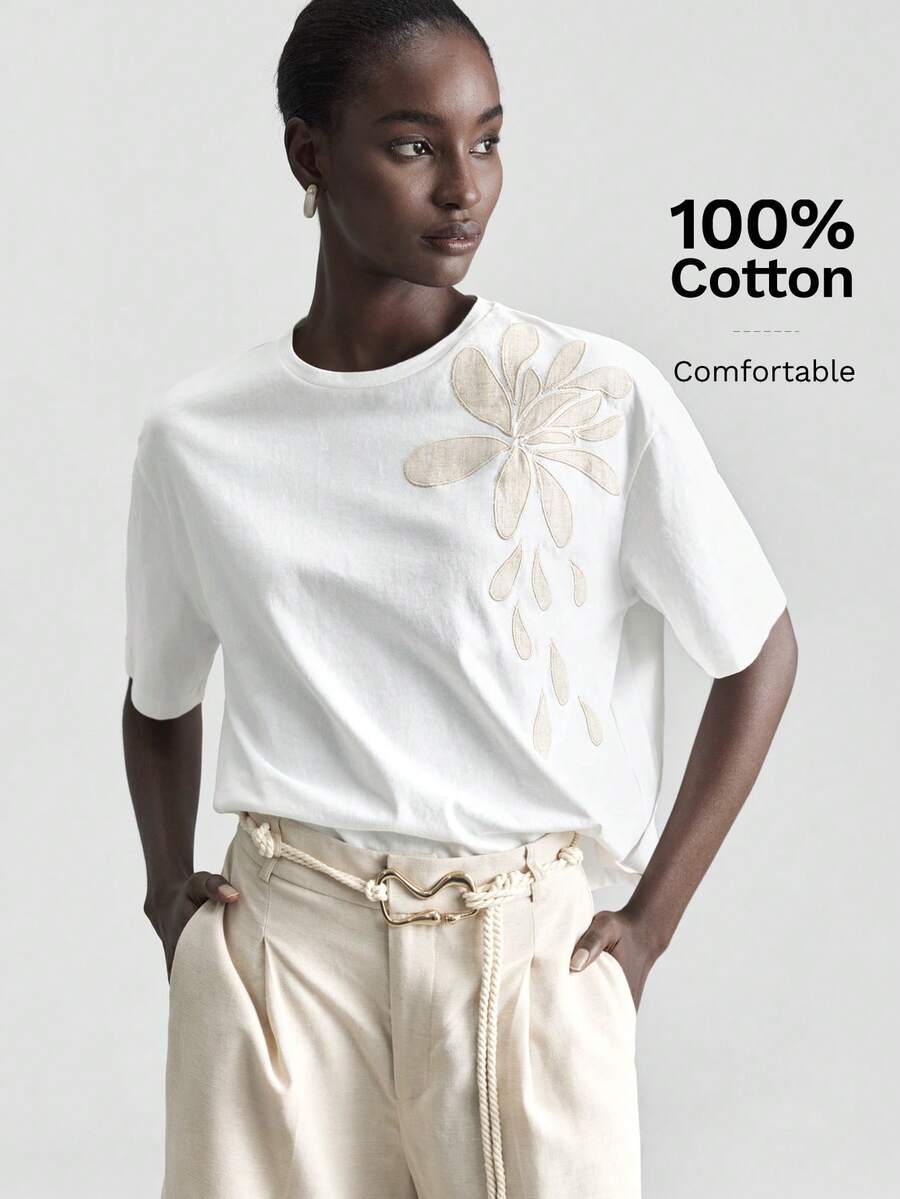 Ontre 2026 Spring/Summer New White Lightweight Casual T-Shirt For Women, Elegant Vacation Style, Loose & Comfortable Versatile, Embroidered Short Sleeve Crew Neck, Minimalist Fashion - White - View 1