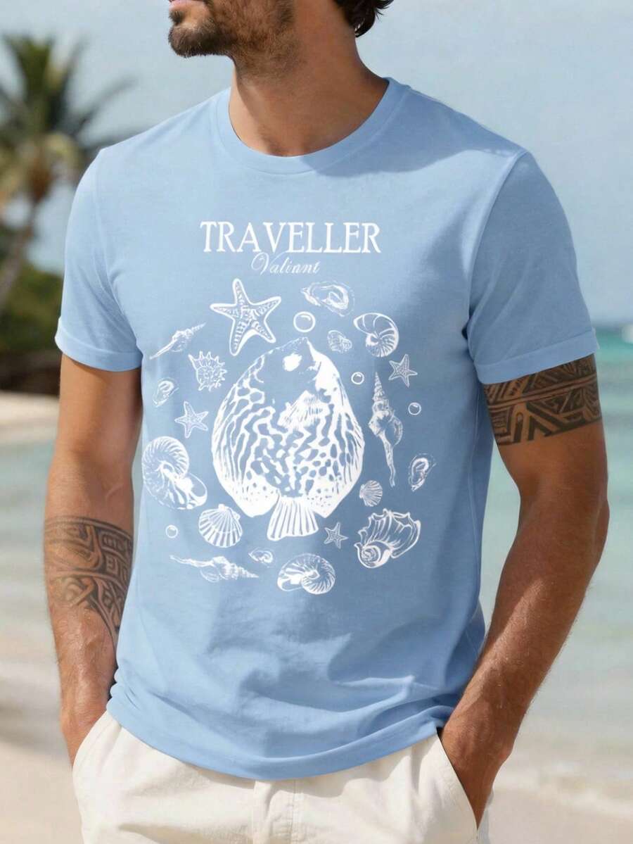 VIVINTIMO 浅蓝色度假海洋鱼贝壳印花白色圆领T恤（男士面料） - 淺藍色 - 查看 1