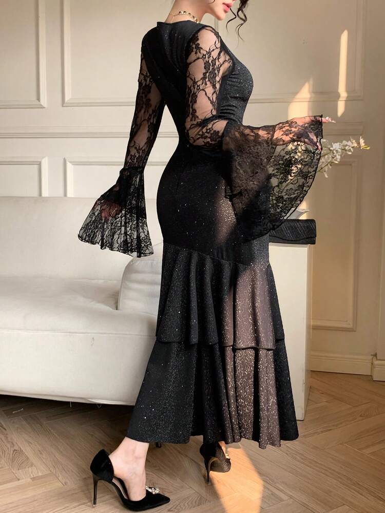 Women's Elegant Lace Patchwork Square Collar Ruffle Flare Sleeve Asymmetric Mid-Length Dress, Spring/Summer,Wedding Guest Dress Women Sundress