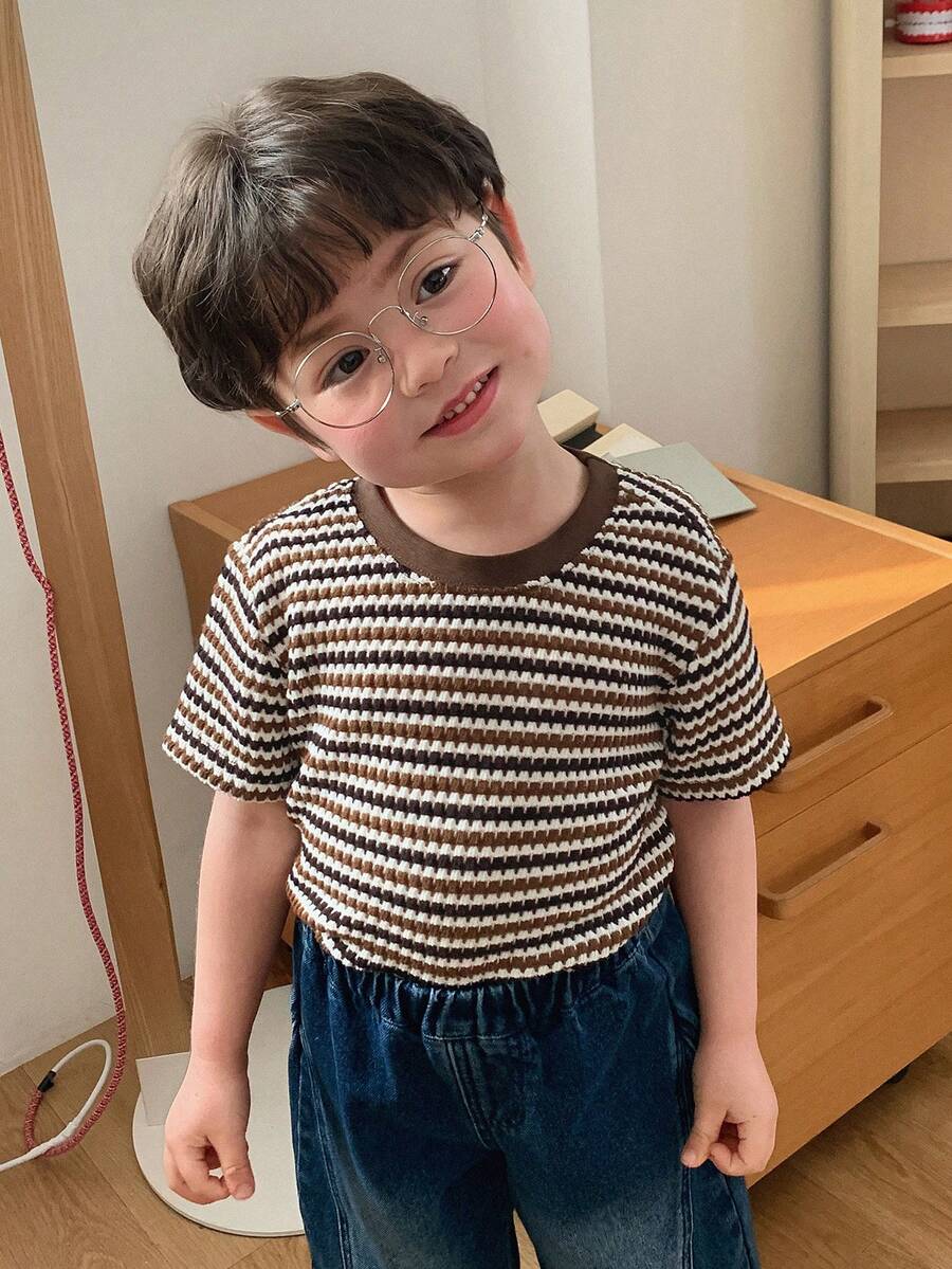 DAZY 男婴休闲条纹圆领短袖上衣（夏季款） - 咖啡棕 - 查看 1