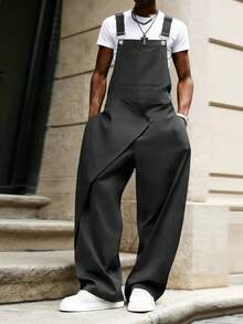 Manfinity Roghcode 男士休闲黑色背带连体裤，时尚百搭背带裤，春夏皆宜，夏季，度假，复古风，外出，派对，节日，送男友礼物，健身，春夏皆宜，夏季，度假，复古风，外出，派对，节日，送男友礼物，健身 - 黑色 - 查看 1