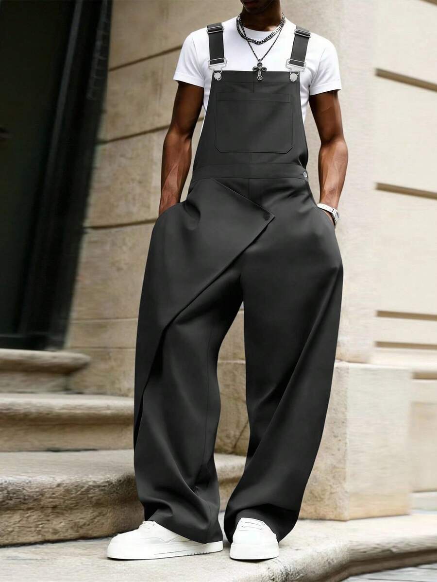 Manfinity Roghcode 男士休闲黑色背带连体裤，时尚百搭背带裤，春夏皆宜，夏季，度假，复古风，外出，派对，节日，送男友礼物，健身，春夏皆宜，夏季，度假，复古风，外出，派对，节日，送男友礼物，健身 - 黑色 - 查看 1