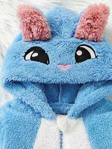 新生儿可爱卡通刺绣3D护耳拉链抓绒连体衣，秋冬季 - 藍色 - 查看 7