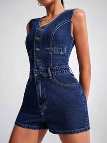 SHEIN Essnce 女式休闲纽扣口袋牛仔连体裤 - 深色水洗藍 - 查看 5