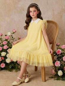 SHEIN Tween少女春夏休閒優雅通勤都市時尚拼色翻領綴珠對比網紗中長洋裝 黃色 - 黃色 - 查看 7