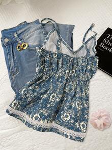 Glimmora Áo hai dây ôm dáng mùa hè dành cho nữ, họa tiết hoa, phối ren tương phản. - Màu xanh lam - Xem 2