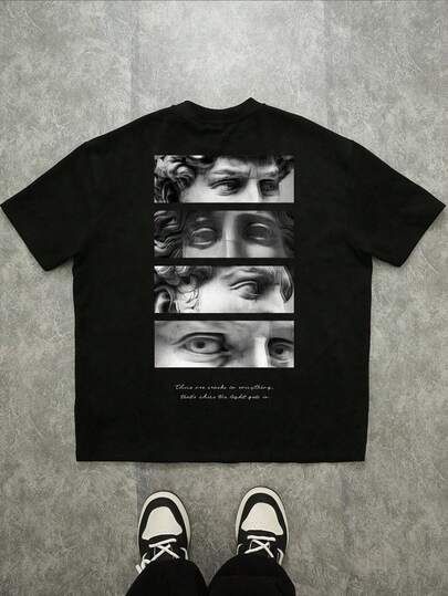 Manfinity ZONE917 Plus Size Men's Casual Street Fashion Loose Black T-Shirt With Black & White Portrait And Letter Print, Unique Artistic T-Shirt, Combining Sculptural Pattern And English Slogan, Making Your More Personalized.