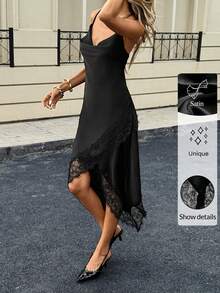 Siren Gaze Váy dây mảnh chắp vá ren màu trơn dành cho nữ - màu đen - Xem 4