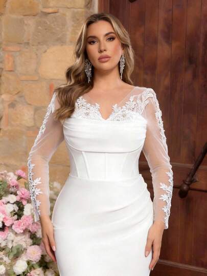 Glamrae Vestido largo de manga larga elegante y lujoso de talla grande en beige transparente con bordado de encaje de cristal y perla, parches de malla, satén elástico, dobladillo de cola de pez y tren desmontable, adecuado para bodas, fiestas, luna de miel, novia