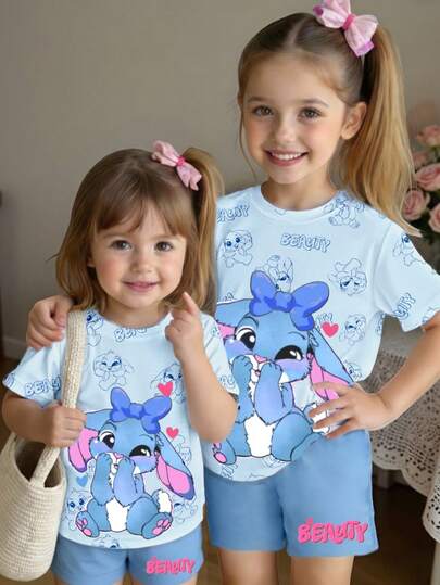 女婴休闲可爱兔子图案爱心设计舒适短袖上衣和短裤套装，女童服装，幼儿服装，适合春夏、外出、拍照、度假、节日、复活节、礼物