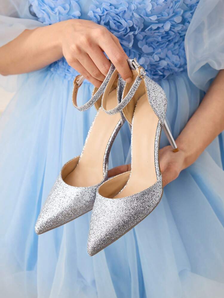 CUCCOO HITCHD Women's New Shiny Silver Pointed Toe High Heels, Strap Thin Heel Hollow Out Sandals, Elegant & Versatile For Party, Christmas, New Year's Eve Valentine's Day Elegant Shoes