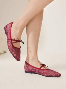 CUCCOO CHICEST 2025春秋新款婚礼风网纱玛丽珍鞋，饰有蝴蝶结，纯色舒适休闲方头平底鞋，百搭 - 中紫紅色 - 查看 8