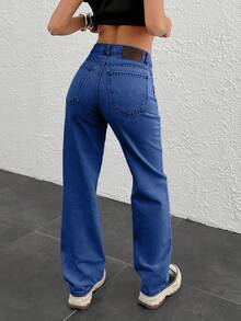 WOMEN STRAIGHT MID WAIST JEANS - Dark Wash - View 2