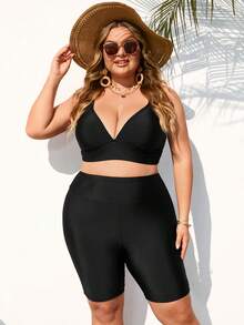 SHEIN CURVE+ Plus Size Women Black Solid Color Beach Swimwear Bottom Shorts - Black - View 3