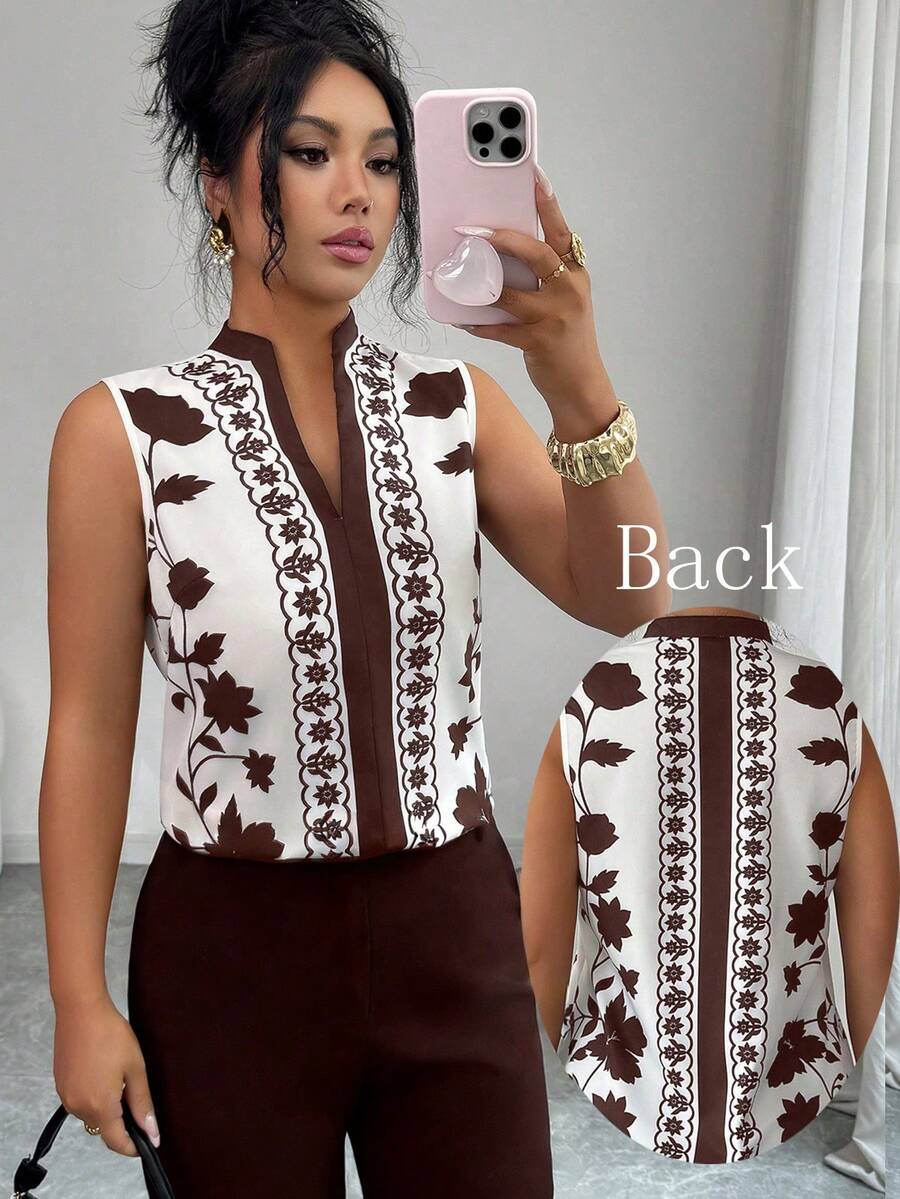SHEIN Elenzya 女士无袖V领衬衫，印花图案，尽显优雅气质 - 彩色 - 查看 1