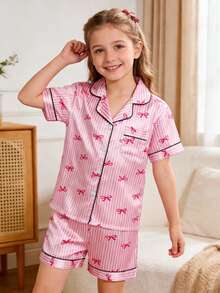 Elladie kids 女孩睡衣套装，蝴蝶结条纹仿丝拼色短袖上衣和短裤，时尚翻领休闲家居服 - 彩色 - 查看 3