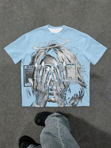 Manfinity EMRG 加大码男士街头时尚印花短袖T恤 - 淺藍色 - 查看 1