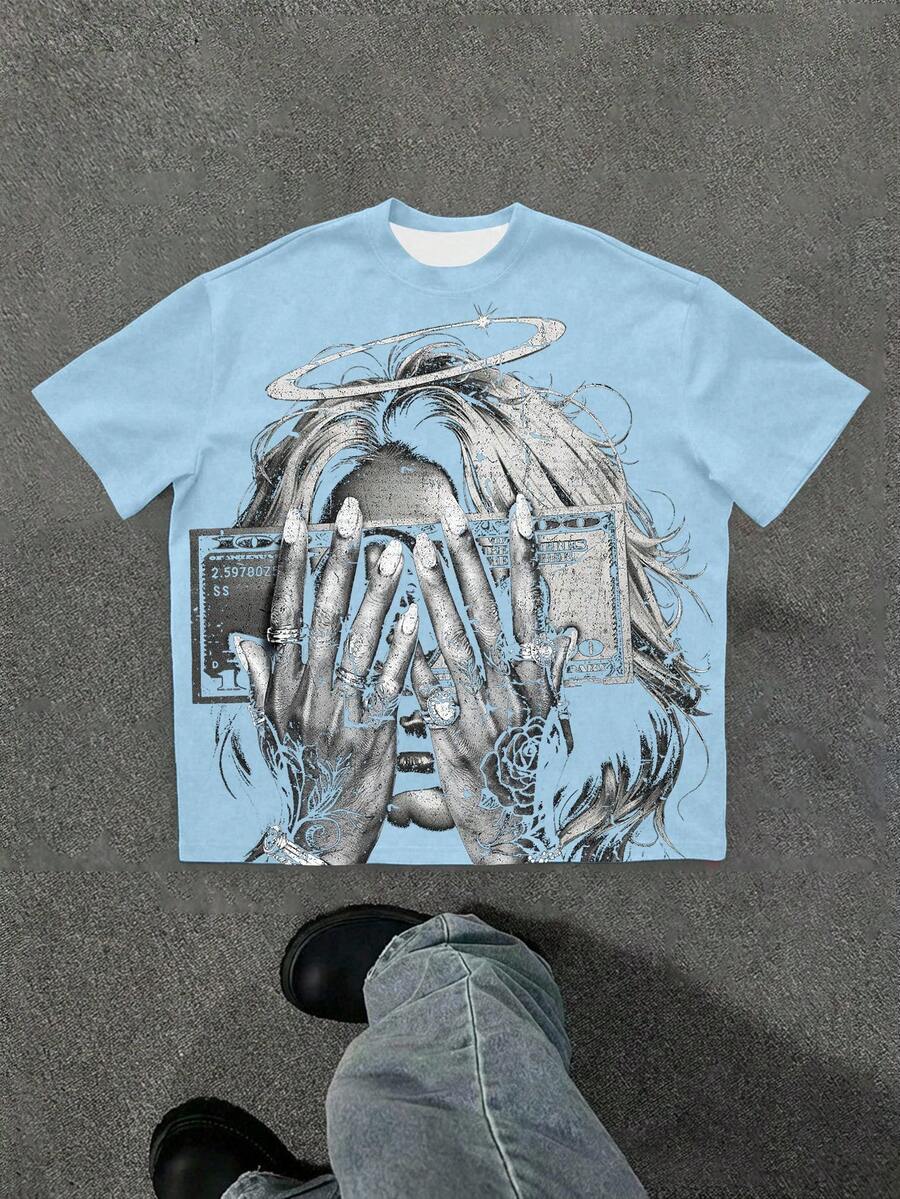 Manfinity EMRG Áo thun ngắn tay in họa tiết phong cách đường phố dành cho nam cỡ lớn - Màu xanh nhạt - Xem 1