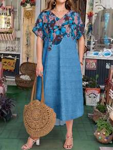 EMERY ROSE Vestido tropical de vacaciones con escote en V y dobladillo fruncido, talla grande, ideal para primavera y verano. - Azul - Ver 1
