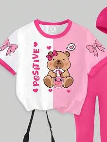 Conjunto de camiseta y pantalones casuales de primavera y verano para bebé niña, con estampado de té de boba, cómodo atuendo diario - Multicolor - Ver 4