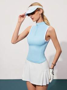 Gameset SHEIN Sport 女士纯色简约无袖拉链高尔夫Polo衫，休闲日常穿着 - 藍色 - 查看 5
