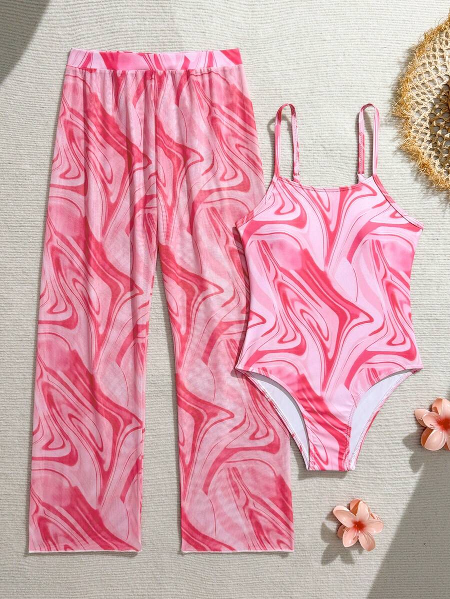 SHEIN Tween女孩粉色大理石印花1件式泳衣與網紗褲2件套,夏季海灘泳池度假泳裝,可調節肩帶,大號 - 彩色 - 查看 1