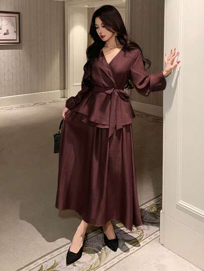 DAZY Women's Elegant Solid Color V-Neck Belted Shirt And A-Line Skirt 2-Piece Set, Spring/Summer