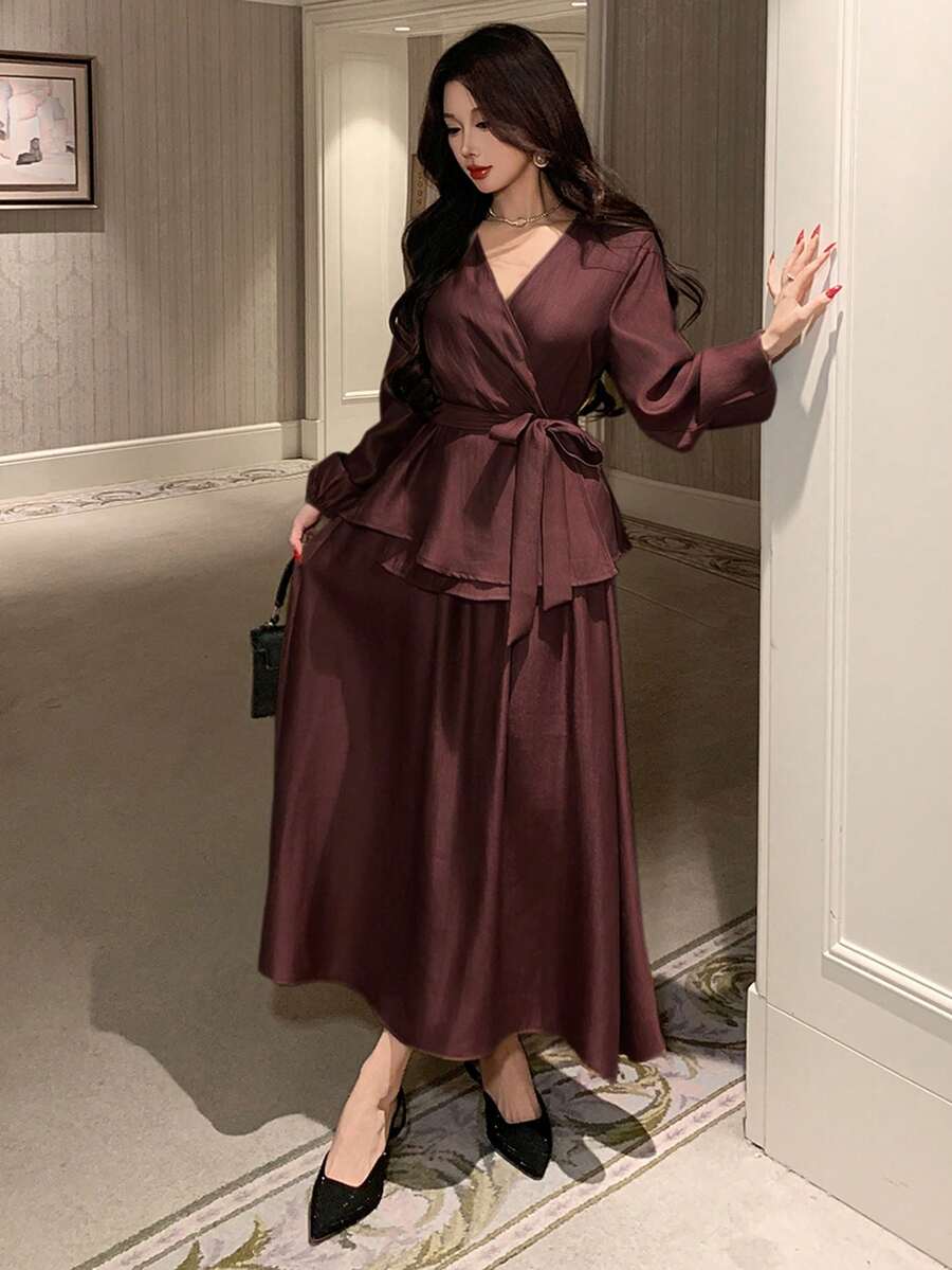 DAZY Women's Solid Color Waist Knot Shirt And Skirt Elegant Two Pieces Set - Burgundy - View 1