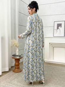 Yasmyna Đầm dài tay kiểu Ả Rập in họa tiết toàn thân, cổ đứng, phối lưới dành cho nữ. - Màu xanh lam - Xem 2