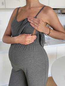 SHEIN Bộ áo liền quần cho con bú màu trơn, dây mảnh, dáng rộng, thoải mái. - Xám - Xem 8