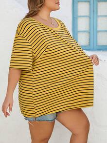 SHEIN CURVE+ Curve 尺码 US22 音乐节、海滨度假、波西米亚风女式心形条纹印花圆领短袖T恤 - 黃色 - 查看 5