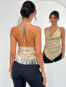 Firerie 优雅简约别致浪漫时尚通勤都市波西米亚度假音乐节派对深V领金属箔流苏露背金色吊带背心 - 金色 - 查看 9