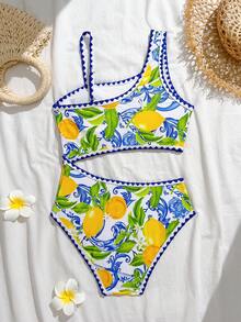 Tween Girls' One-Piece Swimsuit, Lemon Print One Shoulder Swimwear - Yellow - View 2