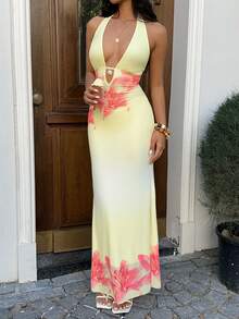 Sunnyshic Đầm nữ cổ chữ V in hình vỏ sò và hoa ly, kiểu dáng gợi cảm, hai lớp lưới, hở lưng, ôm sát, thích hợp cho kỳ nghỉ hè. - Màu vàng - Xem 6