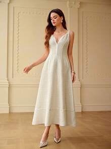 ZEYLAH Elegant Spaghetti Strap Waist Gathered Hem Dress, Spring/Summer - Apricot - View 5