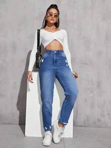 SHEIN ICON 女式高腰口袋做旧锥形休闲牛仔裤 - 中等水洗藍 - 查看 3