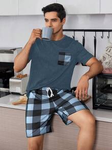 Snug Zone Conjunto de pijama de 2 piezas con estampado de cuadros para hombre - Neblina azul - Ver 5