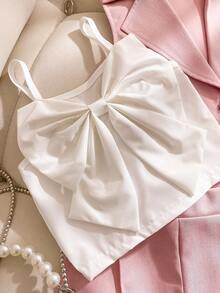 SHEIN 3件套女童夏季新款吊带蝴蝶结露脐背心、休闲直筒弹力腰短裤、无袖马甲外套、翻领开衫，简约百搭优雅时尚套装 - 粉色 - 查看 4