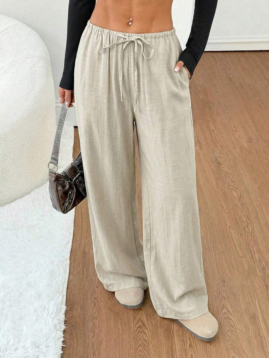 SHEIN PETITE 女士黑色纯色亚麻低腰直筒休闲裤，适合娇小身材，夏秋季穿着 - 杏色 - 查看 1