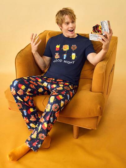 男士字母卡通食物印花短袖上衣和裤子睡衣套装